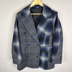 7 For All Mankind Women M Double Breasted Plaid Houndstooth Overcoat Wool Blend